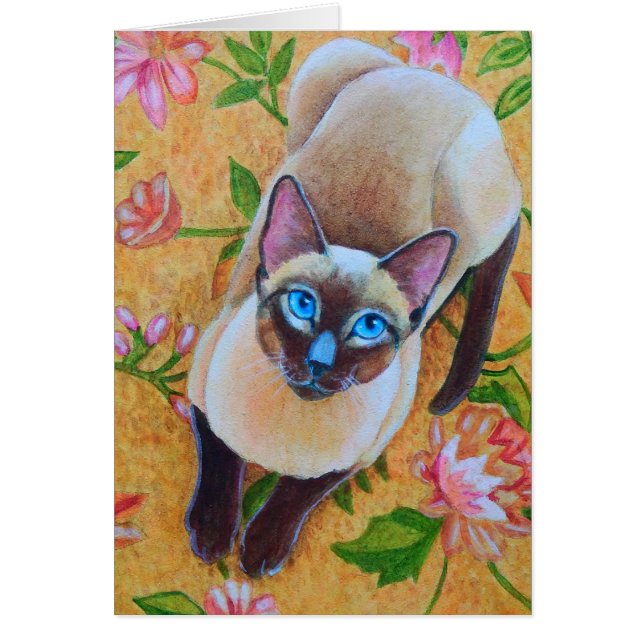 Chocolade Point Siamese Cat op Floral Rug (Voorkant)