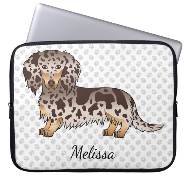 Chocolade & Tan Dapple Long Hair Dachshund & Name Laptop Sleeve (Voorkant)