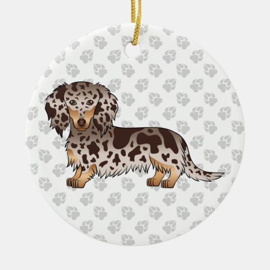 Chocolade & Tan Dapple Long Hair Dachshund & Text Keramisch Ornament (Voorkant)