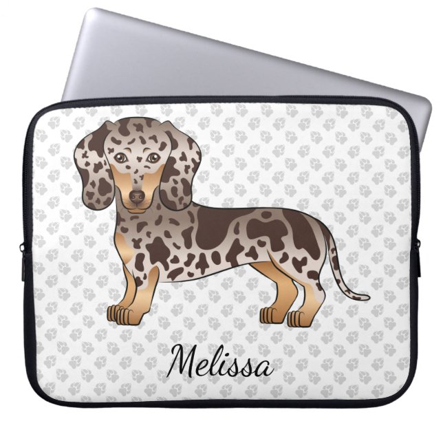 Chocolade & Tan Dapple Short Hair Dachshund & Name Laptop Sleeve (Voorkant)