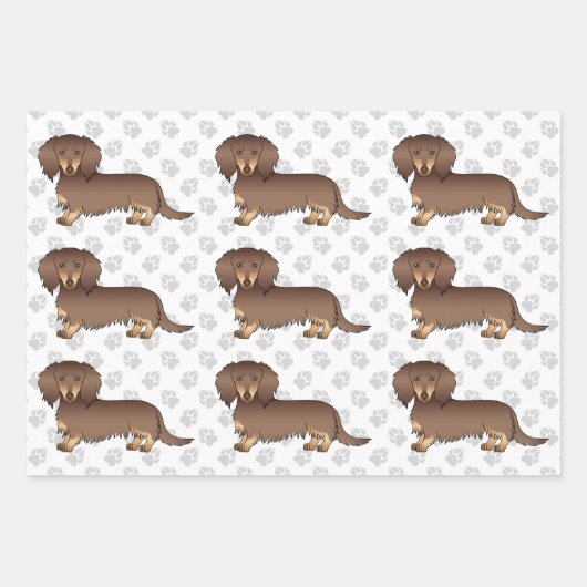 Chocolade & Tan Long Hair Dachshund Pattern & Paws Inpakpapier Vel (Voorkant)