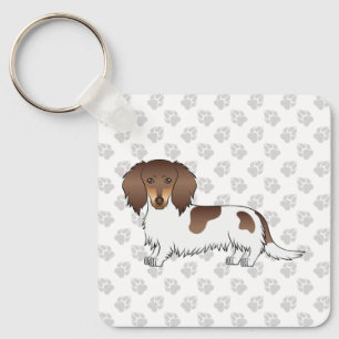 Chocolade & Tan Piebald Langharige Dachshond & Poo Sleutelhanger