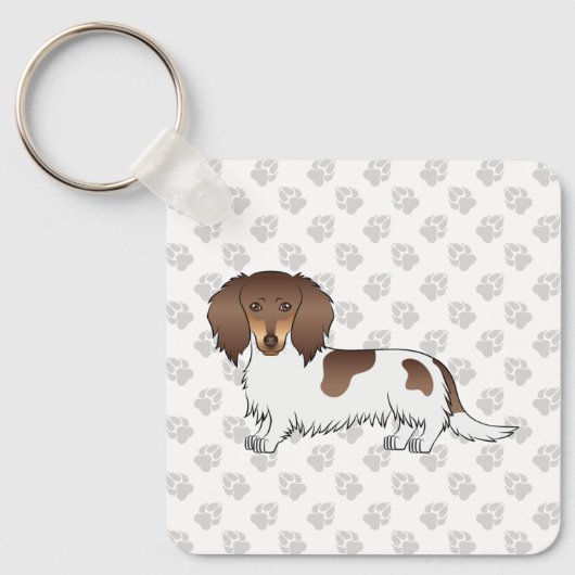 Chocolade & Tan Piebald Langharige Dachshond & Poo Sleutelhanger (Voorkant)