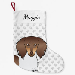 Chocolade & Tan Piebald Langharige Dachshund Kop Kleine Kerstsok
