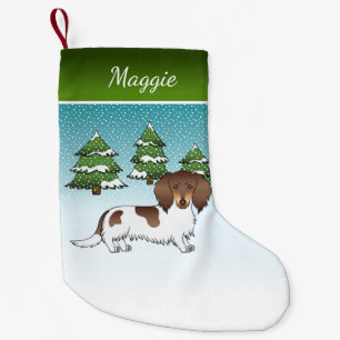 Chocolade & Tan Pied Langharige Dachshund in de Wi Kleine Kerstsok