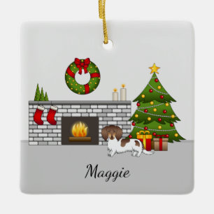 Chocolade & Tan Pied Langharige Dachshund Kerstmis Keramisch Ornament