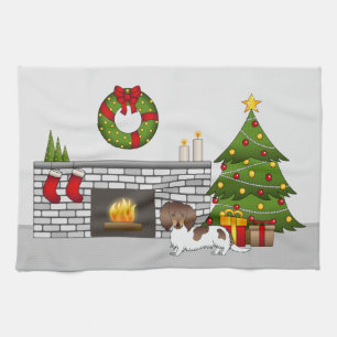 Chocolade & Tan Pied Langharige Dachshund Kerstmis Theedoek
