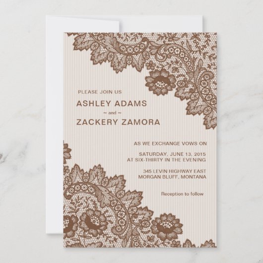 Chocoladebruin  kant bruiloft uitnodiging (Voorkant)