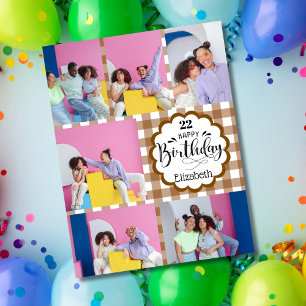 Chocoladebruin verjaardags collage met 7 foto's vo kaart