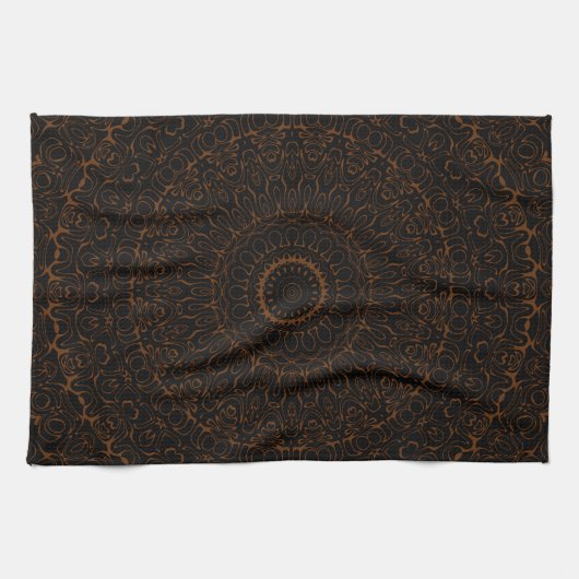 Chocoladebruine mandala met ingewikkelde symmetrie theedoek (Horizontaal)