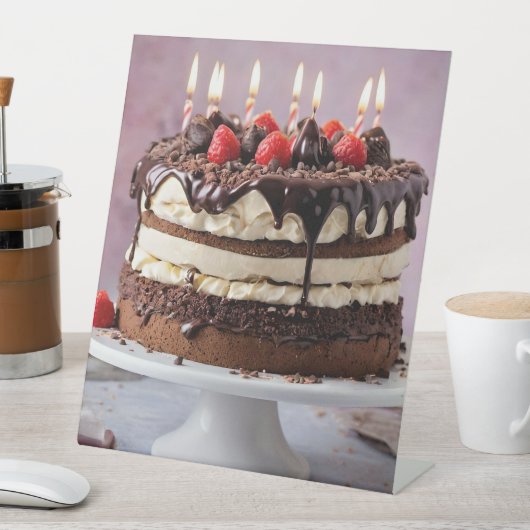 Chocoladecrème verjaardagstaart met aardbeien, reclamebord met voetstuk (Insitu)