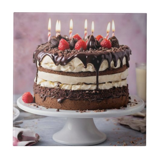 Chocoladecrème verjaardagstaart met aardbeien, tegeltje (Voorkant)