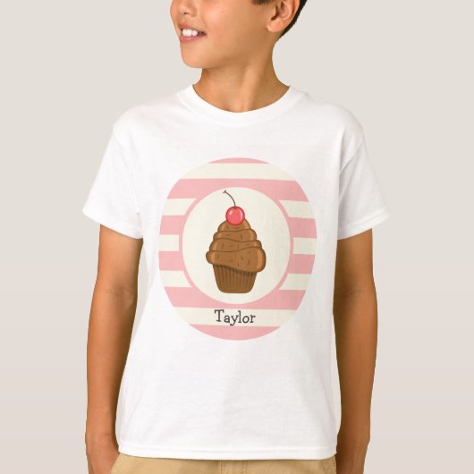 Chocoladecupcake met Cherry & Pink Stripes T-shirt (Voorkant)