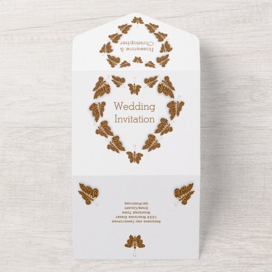 Chocoladekleurige vlinders ontwerp bruiloft all in one uitnodiging (Buitenkant)