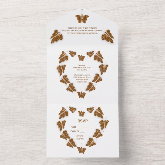 Chocoladekleurige vlinders ontwerp bruiloft all in one uitnodiging (Binnen)