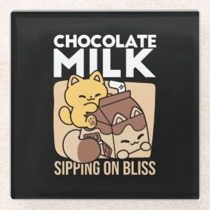 Chocolademelk nippen aan geluk – Kawaii kattenvoer Glazen Onderzetter