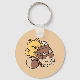 Chocolademelk nippen aan geluk – Kawaii kattenvoer Sleutelhanger