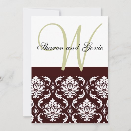 Chocolat Brown Monogramme de Damas Faire-part de m (Devant)
