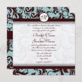 Chocolate Brown Aqua Damask Wedding Invitation Kaart (Voorkant / Achterkant)