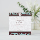 Chocolate Brown Aqua Damask Wedding Invitation Kaart (Staand voorkant)