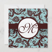 Chocolate Brown Aqua Damask Wedding Invitation Kaart (Achterkant)