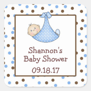 Chocolate Brown Blue Dot Baby shower Favor Vierkante Sticker