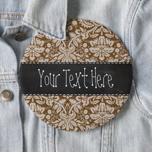 Chocolate Brown Damask Pattern; Chalkboardblik Ronde Button 6,0 Cm (In situ)