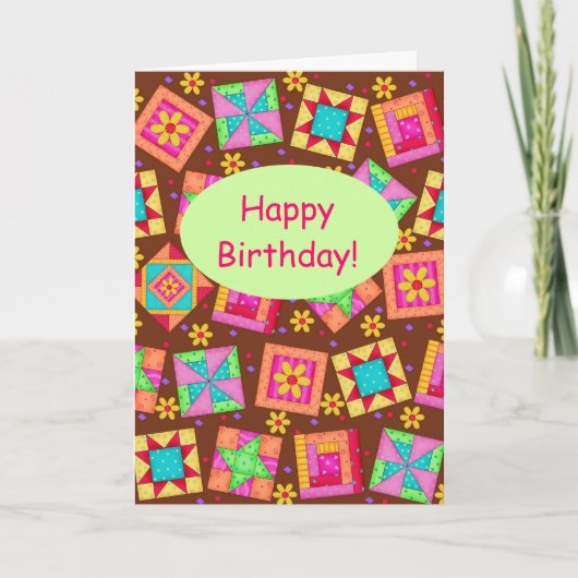 Chocolate Brown Patchwork Quilt Art Happy Birthday Kaart (Voorkant)