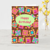 Chocolate Brown Patchwork Quilt Art Happy Birthday Kaart (Gele Bloem)