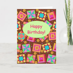 Chocolate Brown Patchwork Quilt Art Happy Birthday Kaart