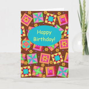 Chocolate Brown Patchwork Quilt Art Happy Birthday Kaart