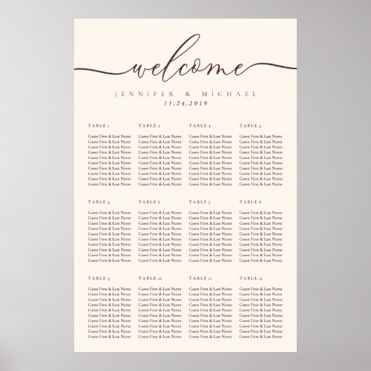 Chocolate Brown Welcome Wedding Table Seating Poster (Voorkant)