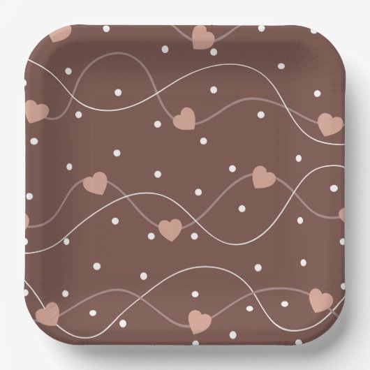 Chocolate Brown with Pink Hearts Pattern Papieren Bordje (Voorkant)