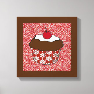 Chocolate Cupcake op rood en wit patroon Canvas Afdruk