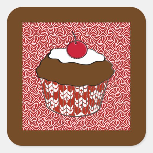 Chocolate Cupcake op rood en wit patroon Vierkante Sticker (Voorkant)