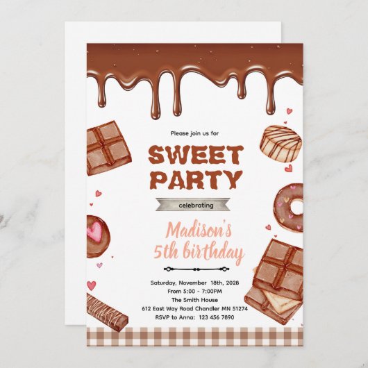 Chocolate dessert theme party invitation (Devant / Derrière)