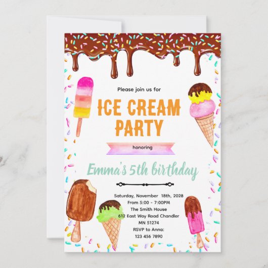 Chocolate drip ice cream birthday invitation kaart (Voorkant)