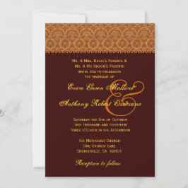 Chocolate Gold  Damask Wedding Monogram Kaart