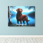Chocolate Labrador en Blue Lake Canvas Afdruk (Insitu (Houten vloer))