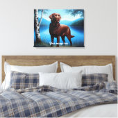 Chocolate Labrador en Blue Lake Canvas Afdruk (Insitu (Slaapkamer))