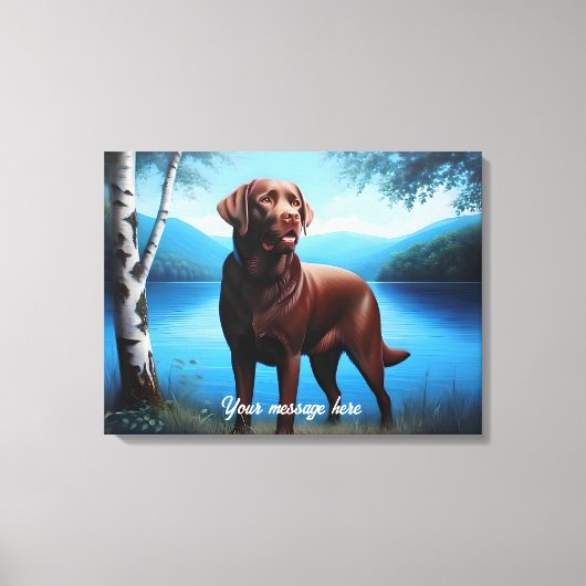 Chocolate Labrador en Blue Lake Canvas Afdruk (Voorkant)