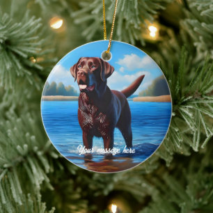 Chocolate Labrador en Blue Lake Keramisch Ornament
