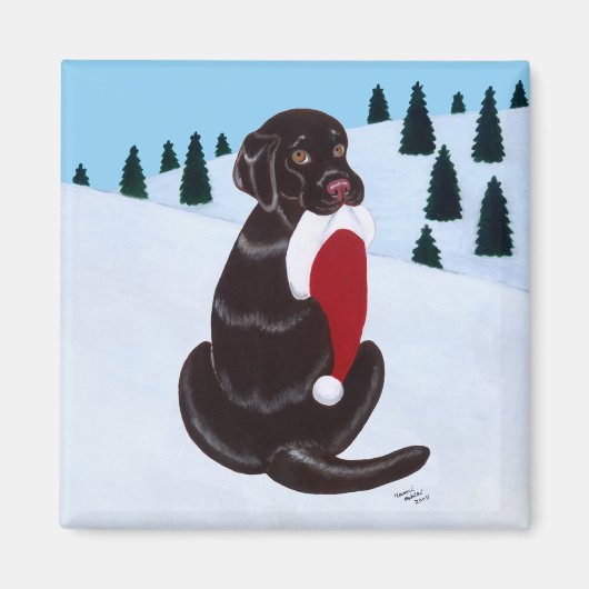 Chocolate Labrador met Santa Hat Snowflake Magneet (Voorkant)