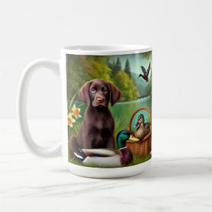 Chocolate Labrador Puppy bij een meer met eenden Koffiemok