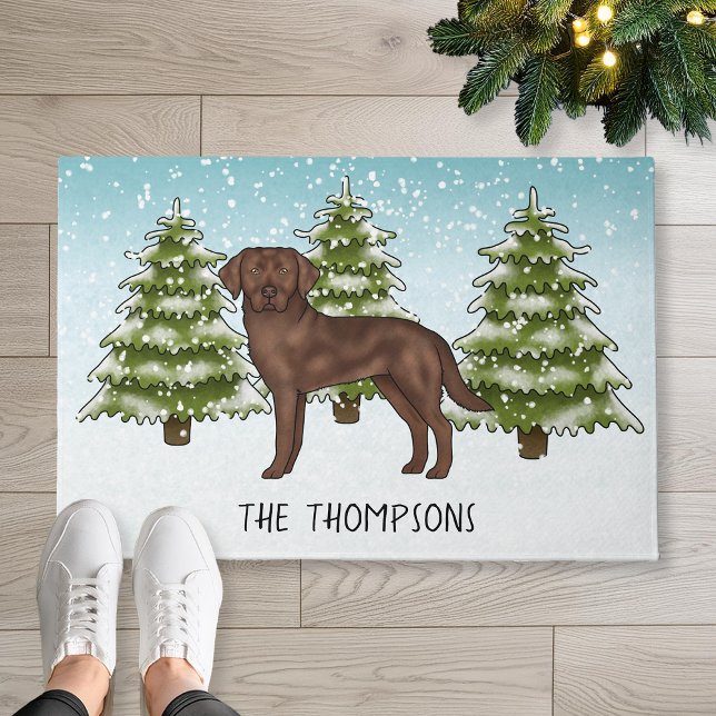 Chocolate Labrador Retriever Custom Blue Christmas Deurmat (Disclaimer: This image is a digital mockup.)