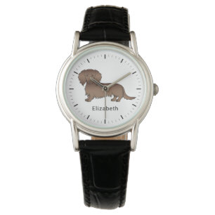 Chocolate Langharige Dachshund Cartoon Hond & Naam Horloge