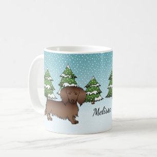 Chocolate Long Hair Cute Dachshund - Winter Forest Koffiemok