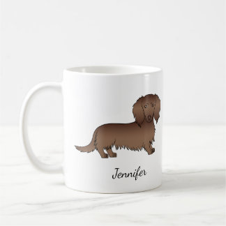 Chocolate Long Hair Dachshund Cartoon Dog & Name Koffiemok