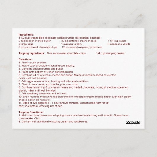 Chocolate Raspberry Cheesecake Recipe Kaart (Achterkant)
