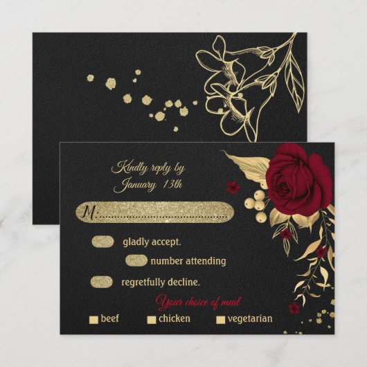 choix de repas noir floral or bordeaux RSVP carte (Devant / Derrière)